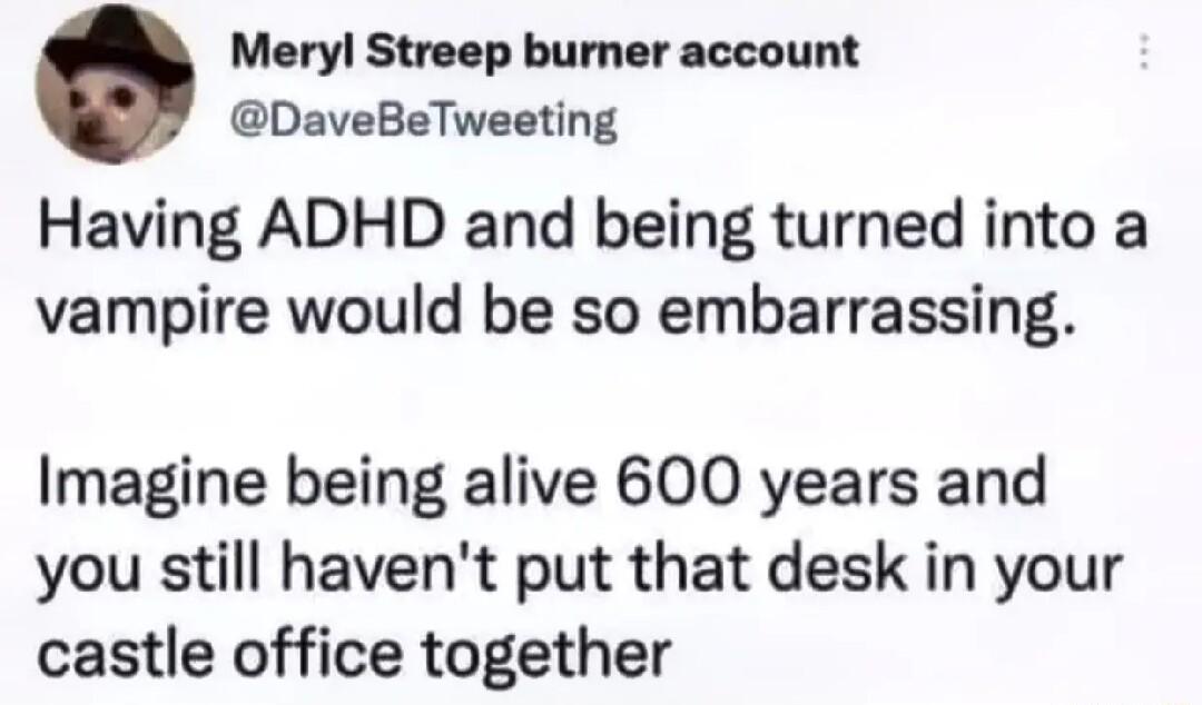 Meryl Streep burner account DaveBeTweeting Having ADHD and being turned into a vampire would be so embarrassing Imagine being alive 600 years and you still havent put that desk in your castle office together