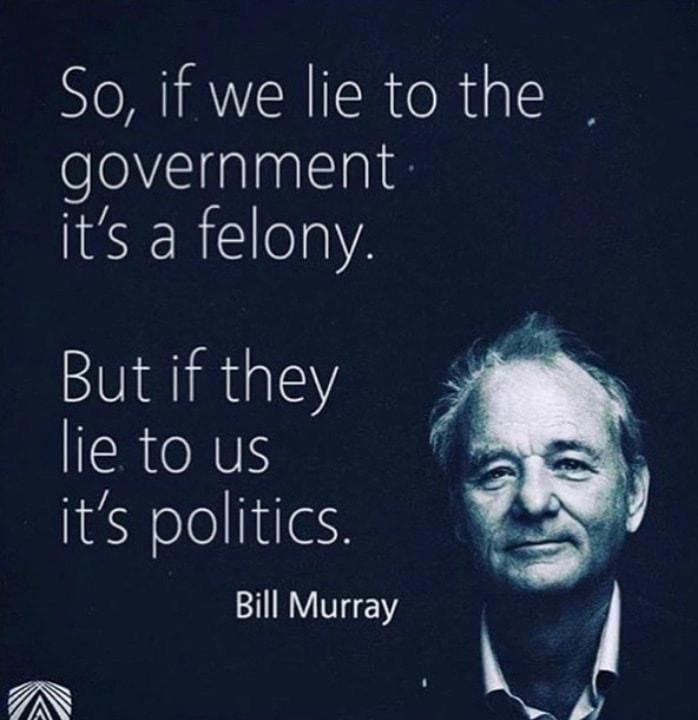 So if we lie to the el ialnallal its a felony But if they RNV its politics Bill Murray 7