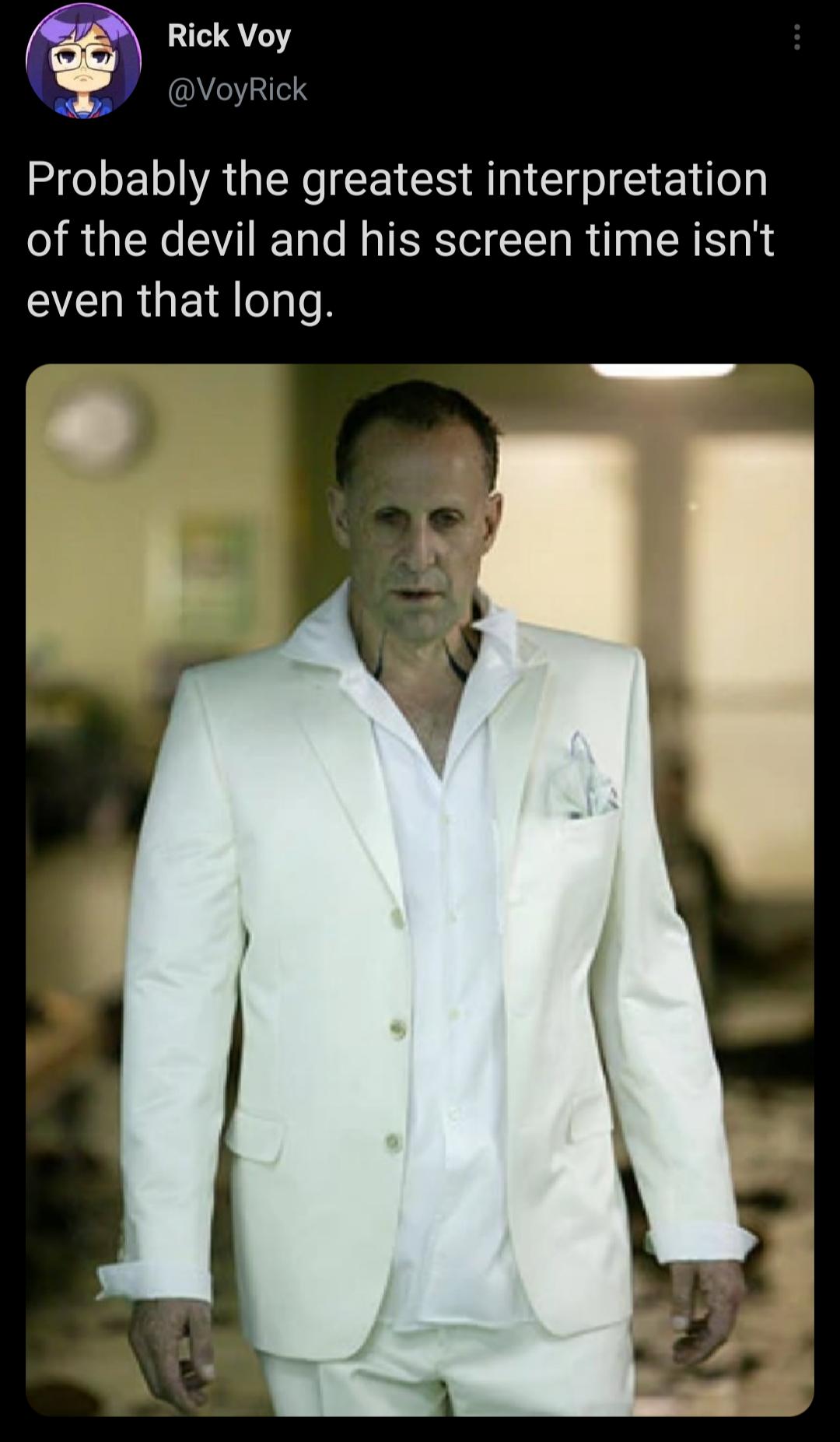 Probably the greatest interpretation of the devil and his screen time isnt even that long _