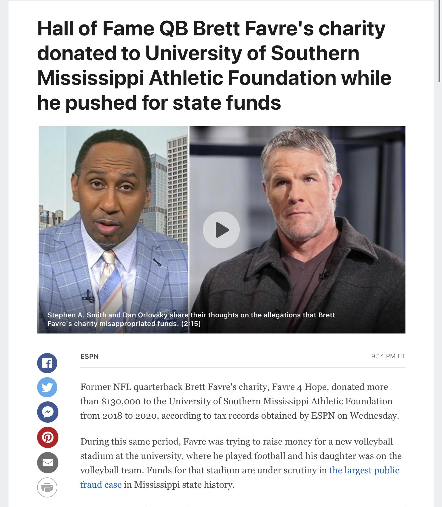 Hall of Fame QB Brett Favres charity donated to University of Southern Mississippi Athletic Foundation while he pushed for state funds
