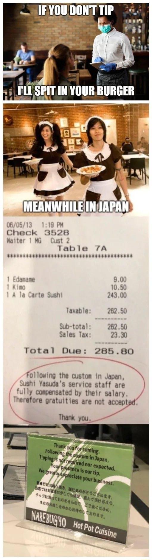 SPIT IN YOUR BURGER 060513 119 PM Check 3528 Waiter MG ust 2 Table 7A BERER LR R e amame 900 1050 a Carte Sushi 24300 Taxable 26250 Sub total 26250 Sales Tax 2330 Total Due 28580 following the custom m Sushi Yasudas service staff are fully cospensated by their salary Therefore gratuities are not accept