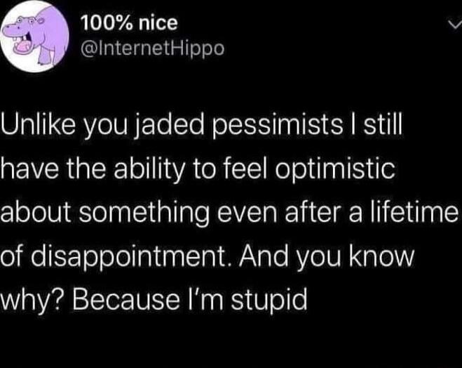 100 nice v InternetHippo Unlike you jaded pessimists still EVERGEEE ol 1WA R Tl Ko olilaal S about something even after a lifetime of disappointment And you know why Because Im stupid