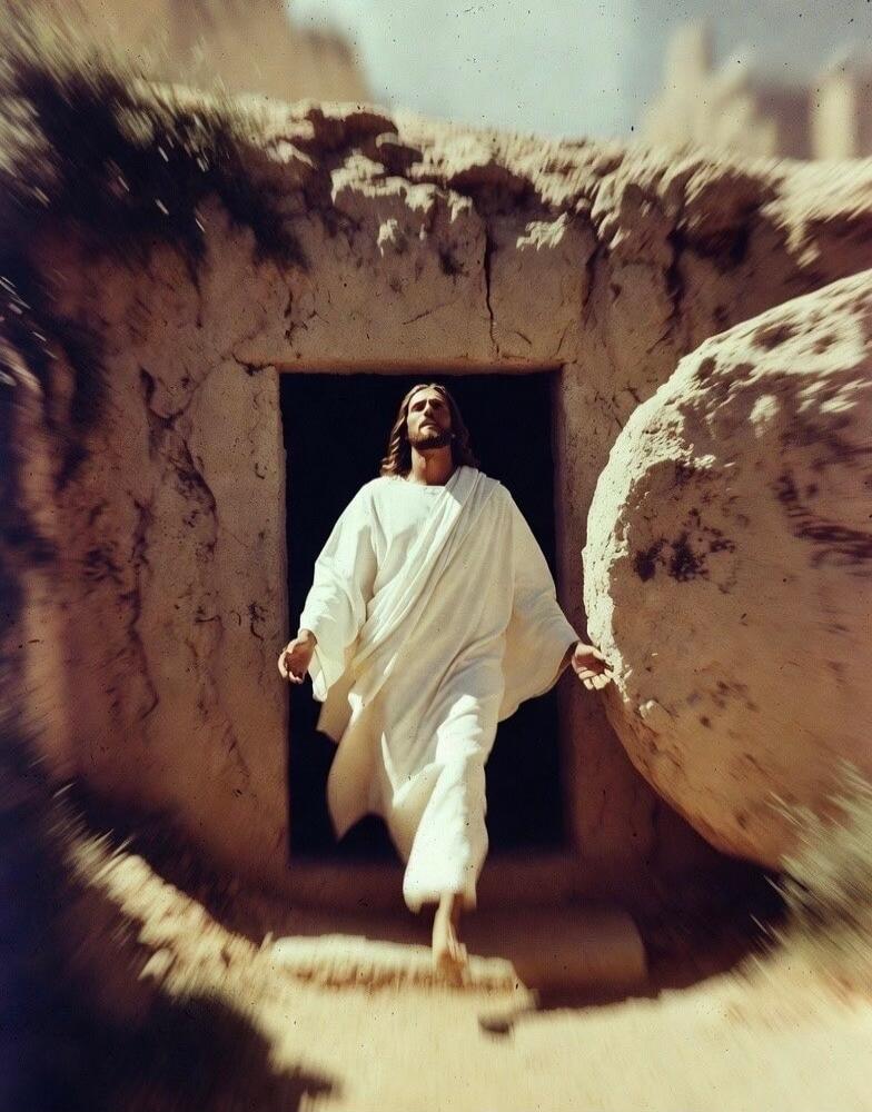 Jesus Christ emerges from the open tomb, looking upwards, with the large stone rolled away.