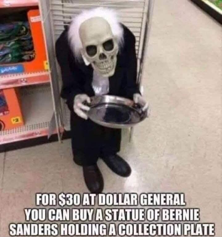 FOR $30 AT DOLLAR GENERAL YOU CAN BUY A STATUE OF BERNIE SANDERS HOLDING A COLLECTION PLATE