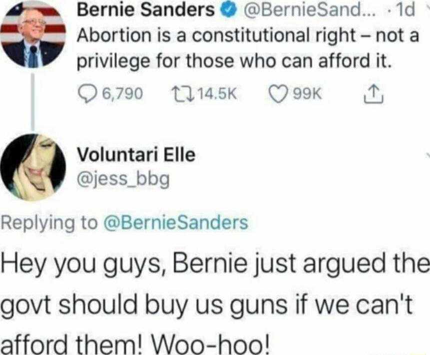 Bernie Sanders BernieSand 1d Abortion is a constitutional right not a privilege for those who can afford it QOe790 1145k Q99K i Voluntari Elle jess_bbg Replying to BernieSanders Hey you guys Bernie just argued the govt should buy us guns if we cant afford them Woo hoo