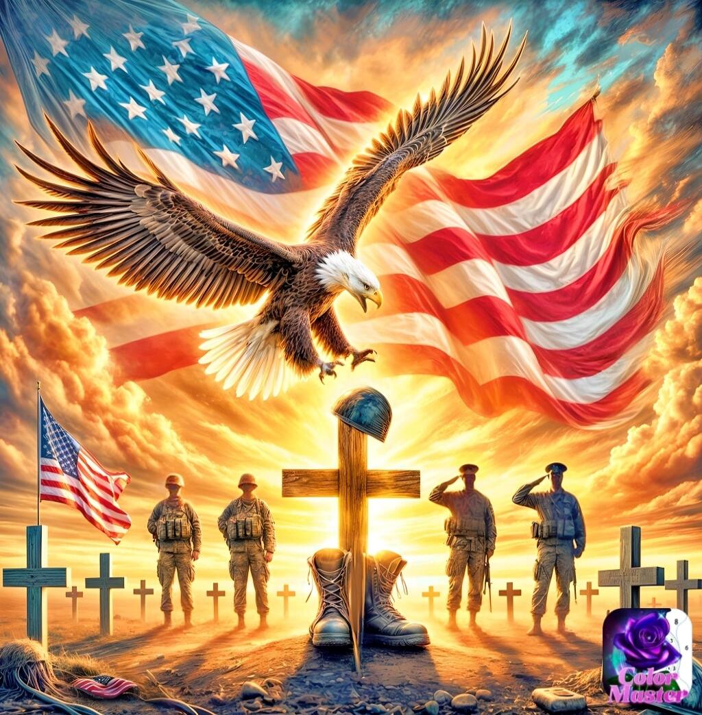 American flag, bald eagle, soldiers standing at a graveyard with a cross, a glowing sunset.
