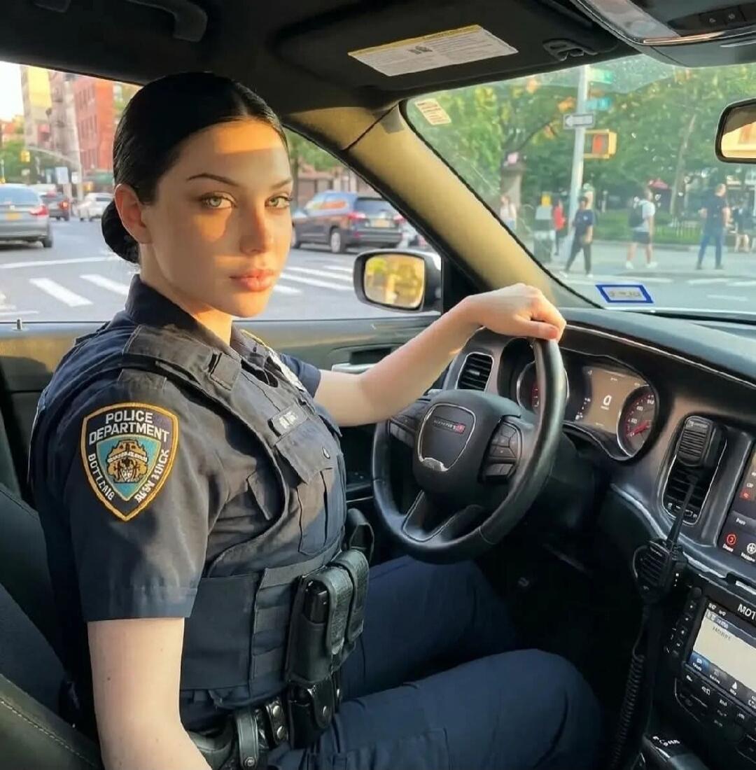 A woman in a police uniform is sitting in the driver's seat of a car, holding the steering wheel. She is looking directly at the camera. The patch on her uniform reads 'Police Department'. The car's display shows 'MOT'.