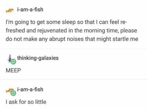 e i am a fish Im going to get some sleep so that can feel re freshed and rejuvenated in the morning time please do not make any abrupt noises that might startle me bthinking galaxies MEEP i am a fish 1 ask for so little