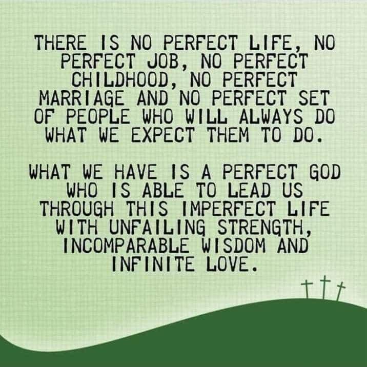 THERE IS NO PERFECT LIFE NO PERFECT JOB NO PERFECT CHILDHOOD NO PERFECT MARRIAGE AND NO PERFECT SET OF PEOPLE WHO WILL ALWAYS DO WHAT WE EXPECT THEM TO DO WHAT WE HAVE IS A PERFECT GOD WHO IS ABLE TO LEAD US THROUGH THIS IMPERFECT LIFE WITH UNFAILING STRENGTH INCOMPARABLE WISDOM AND INFINITE LOVE