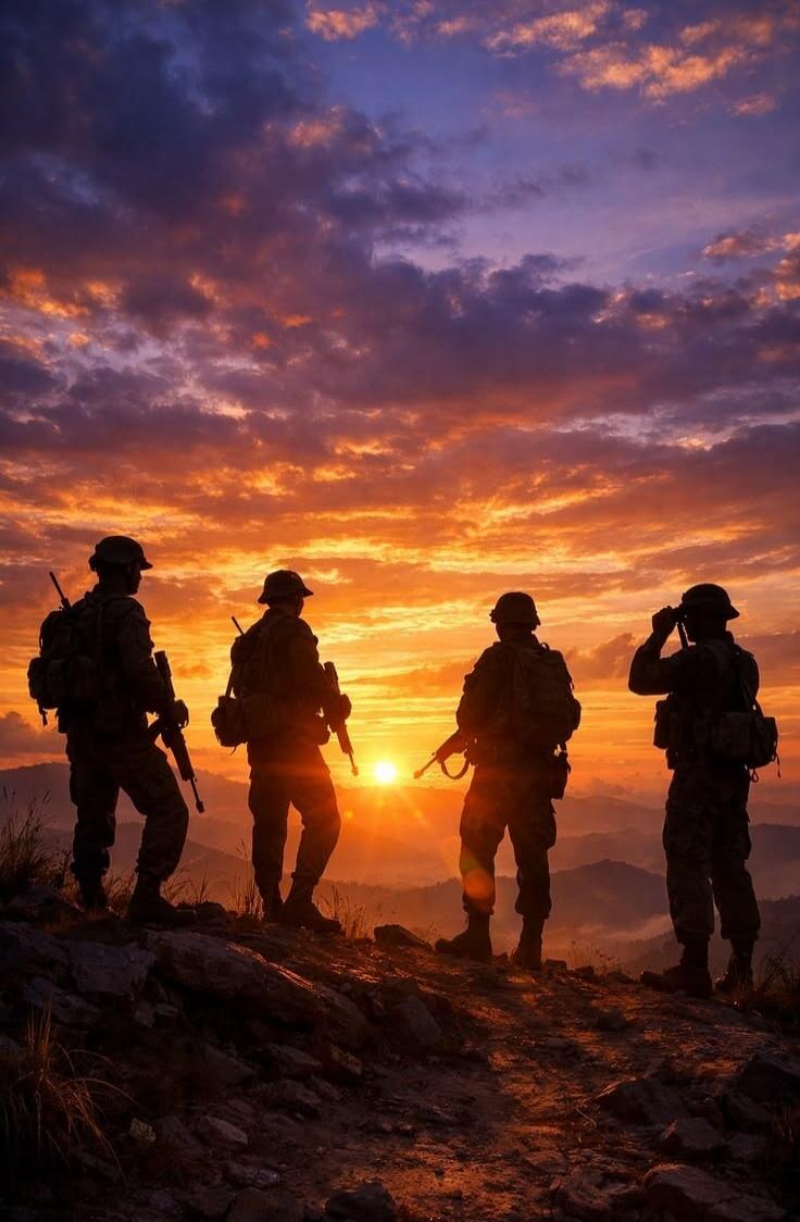 Four soldiers standing on a hill at sunset, looking out at the horizon.