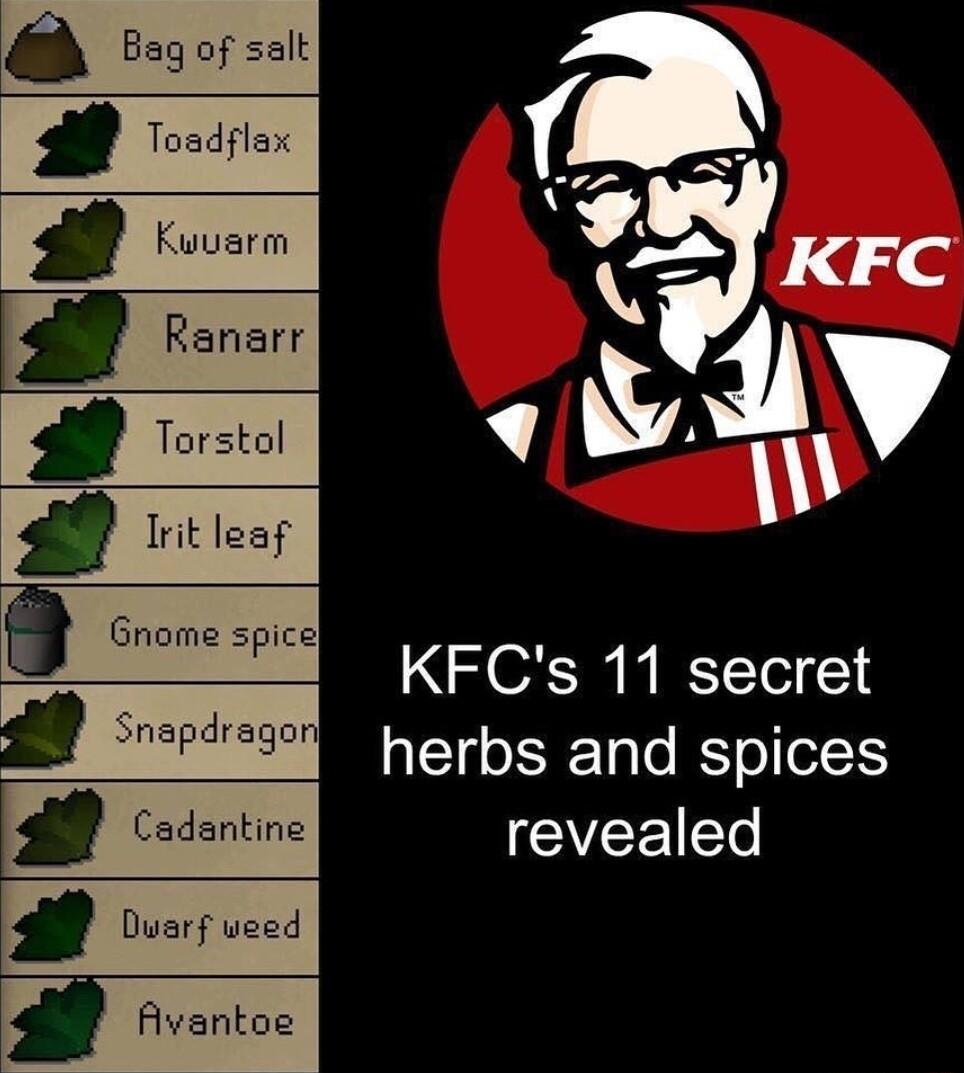 a Bag of salt Toadflax KFCs 11 secret T Tl K o1 SR