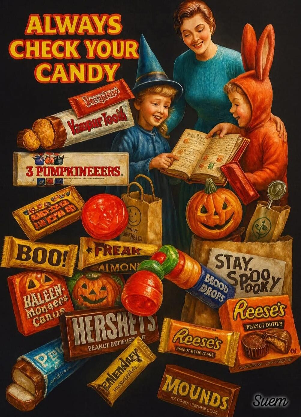 ALWAYS CHECK YOUR CANDY
3 PUMPKINEERS
STAY SPOOKY
HERSHEY'S
REESES
MOUNDS
ALMOND JOY
BOO!
FREAK
HALEEN MONSTER CANDY
REESES PEANUT BUTTER CUPS
STAY SPOOKY
3 PUMPKINEERS