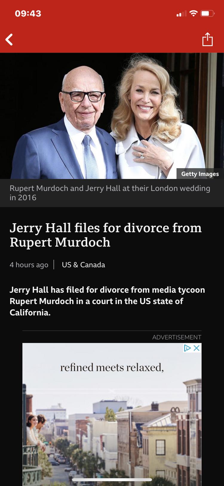 0943 w Tm Rupert Murdoch and Jerry Hall at their London wedding in2016 Jerry Hall files for divorce from Rupert Murdoch 4hoursago US Canada Jerry Hall has filed for divorce from media tycoon Rupert Murdoch in a court in the US state of 10LTHTEN