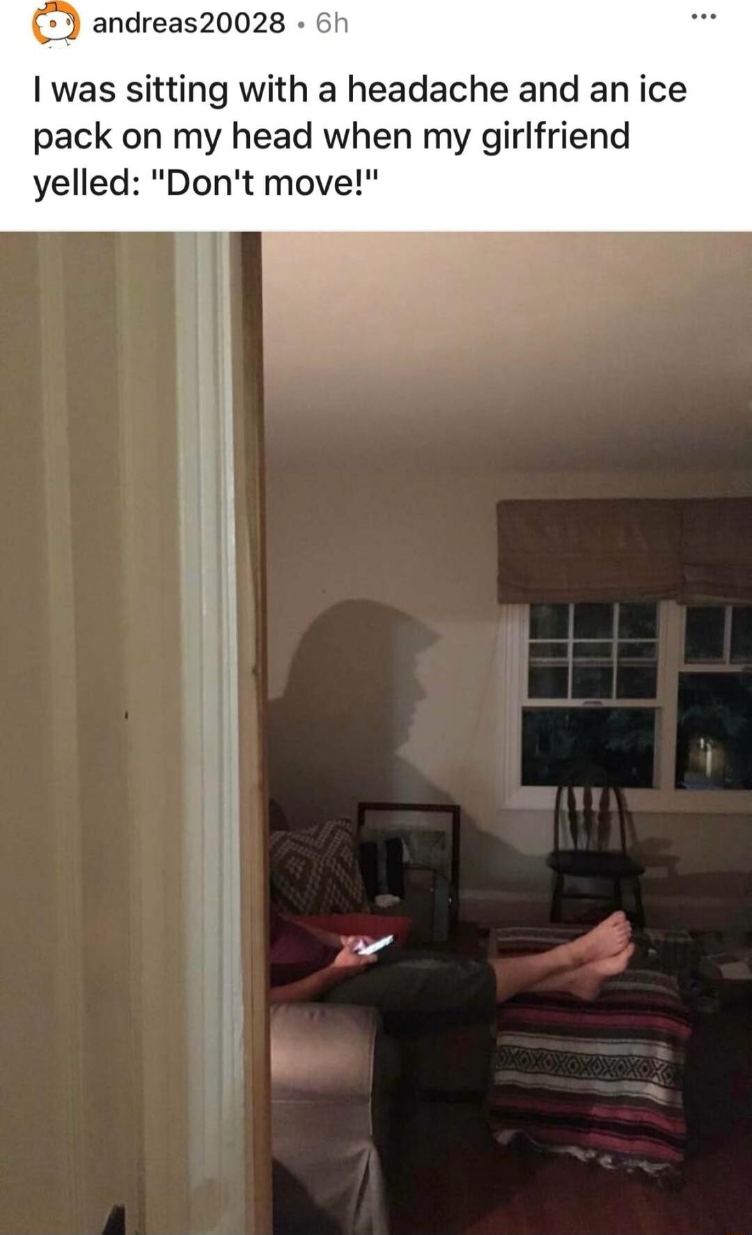 was sitting with a headache and an ice pack on my head when my girlfriend yelled Dont move