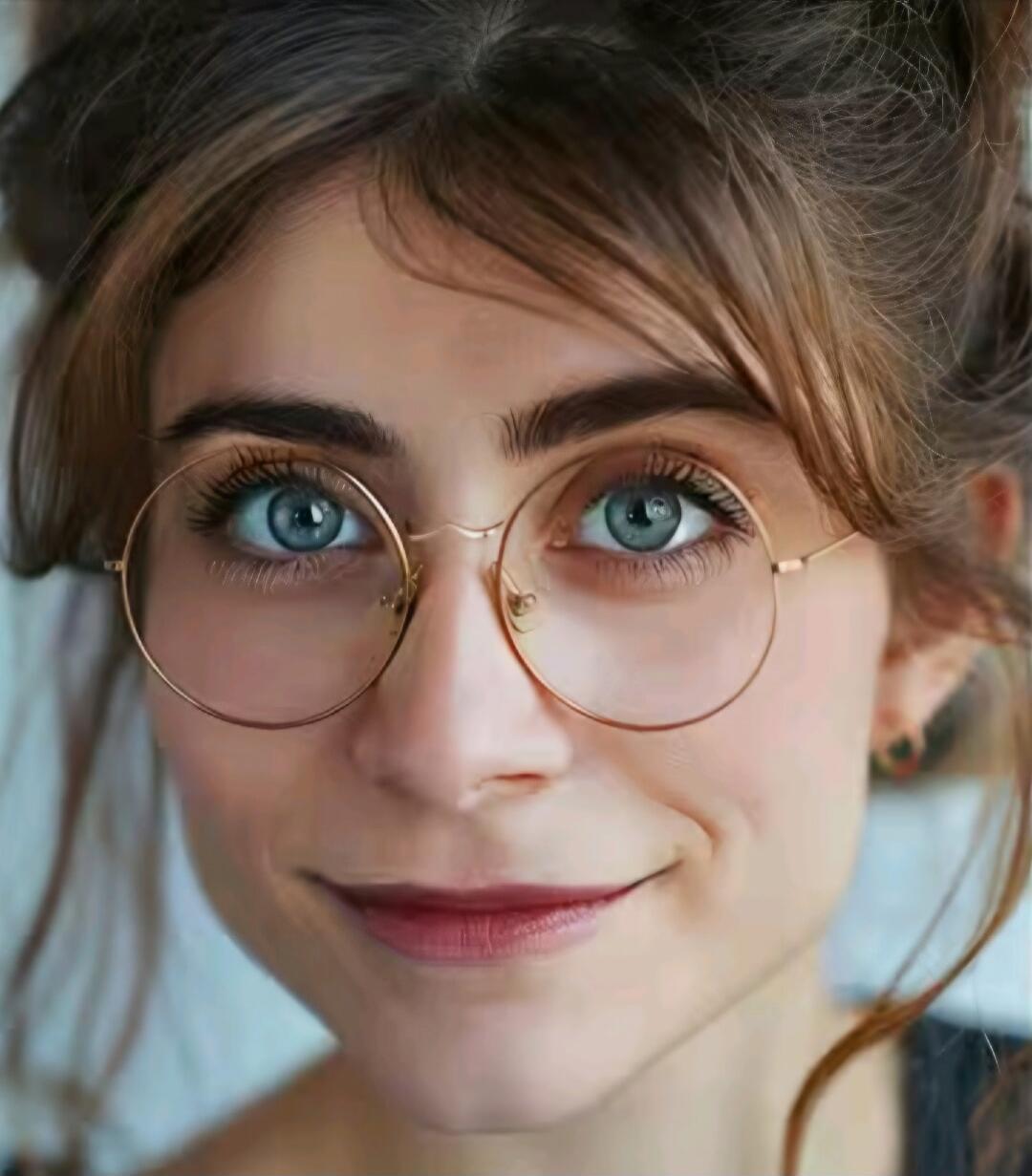A close-up portrait of a young woman with round gold-rim glasses, blue eyes, and brown hair.