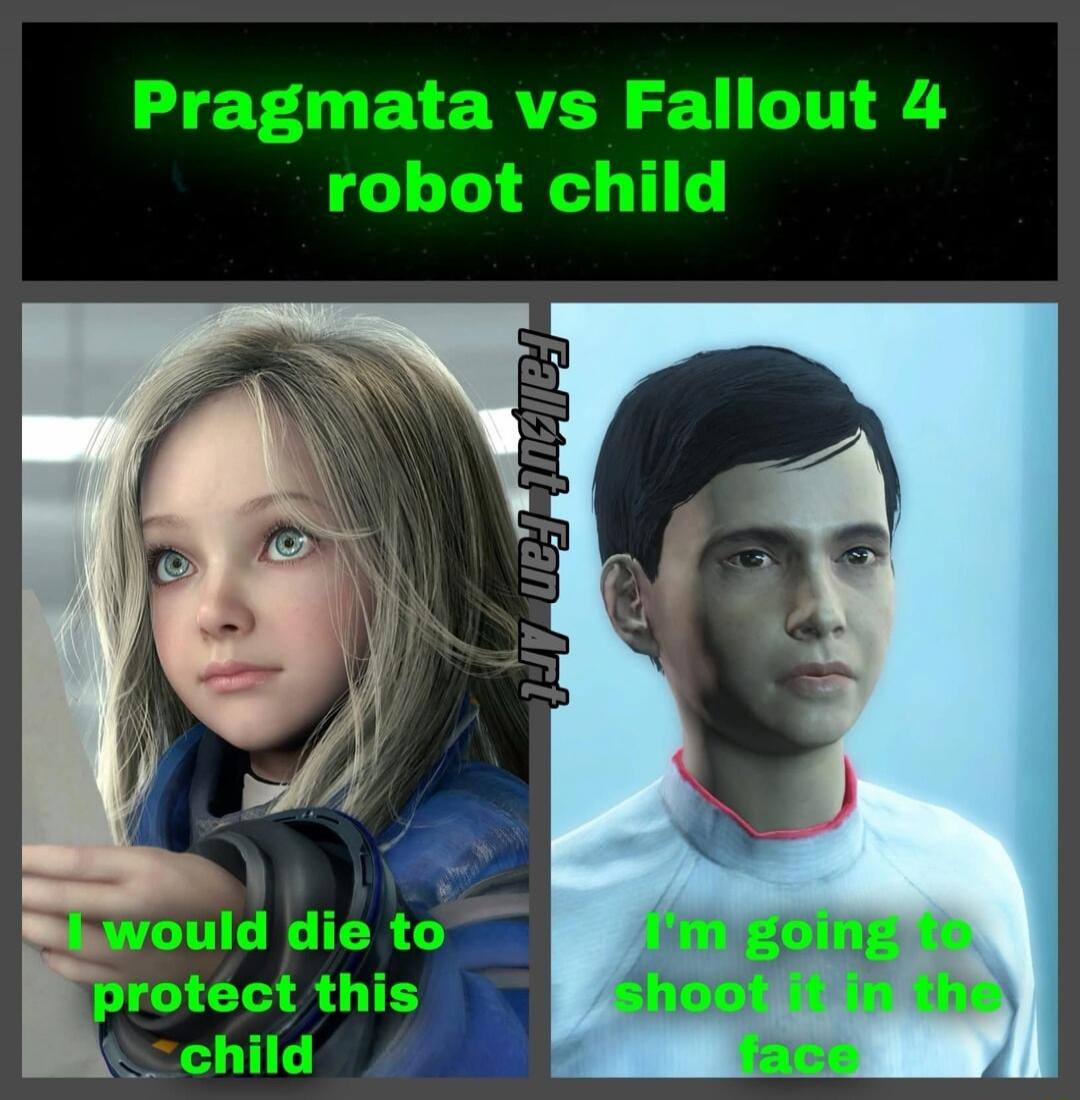 Pragmata vs Fallout 4 robot child. I would die to protect this child. I'm going to shoot it in the face. Fallout Fan Art.