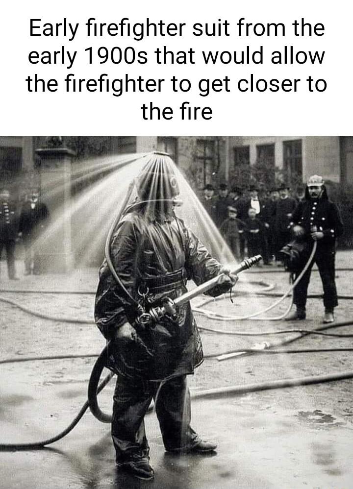 Early firefighter suit from the early 1900s that would allow the firefighter to get closer to the fire