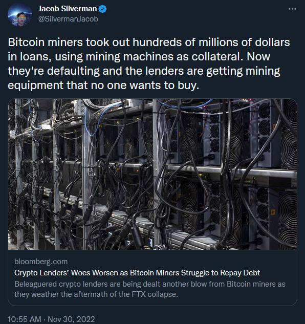 Jacob Silverman reniiny Bitcoin miners took out hundreds of millions of dollars in loans using mining machines as collateral Now theyre defaulting and the lenders are getting mining bloombergcom Crypto Lenders Woes Worsen as Bitcoin Miners Struggle to Repay Debt Beleaguered crypto lenders are being dealt another biow from Bitcoin miners as they weather the aftemmath of the FTX collapse 1056 AM Nov