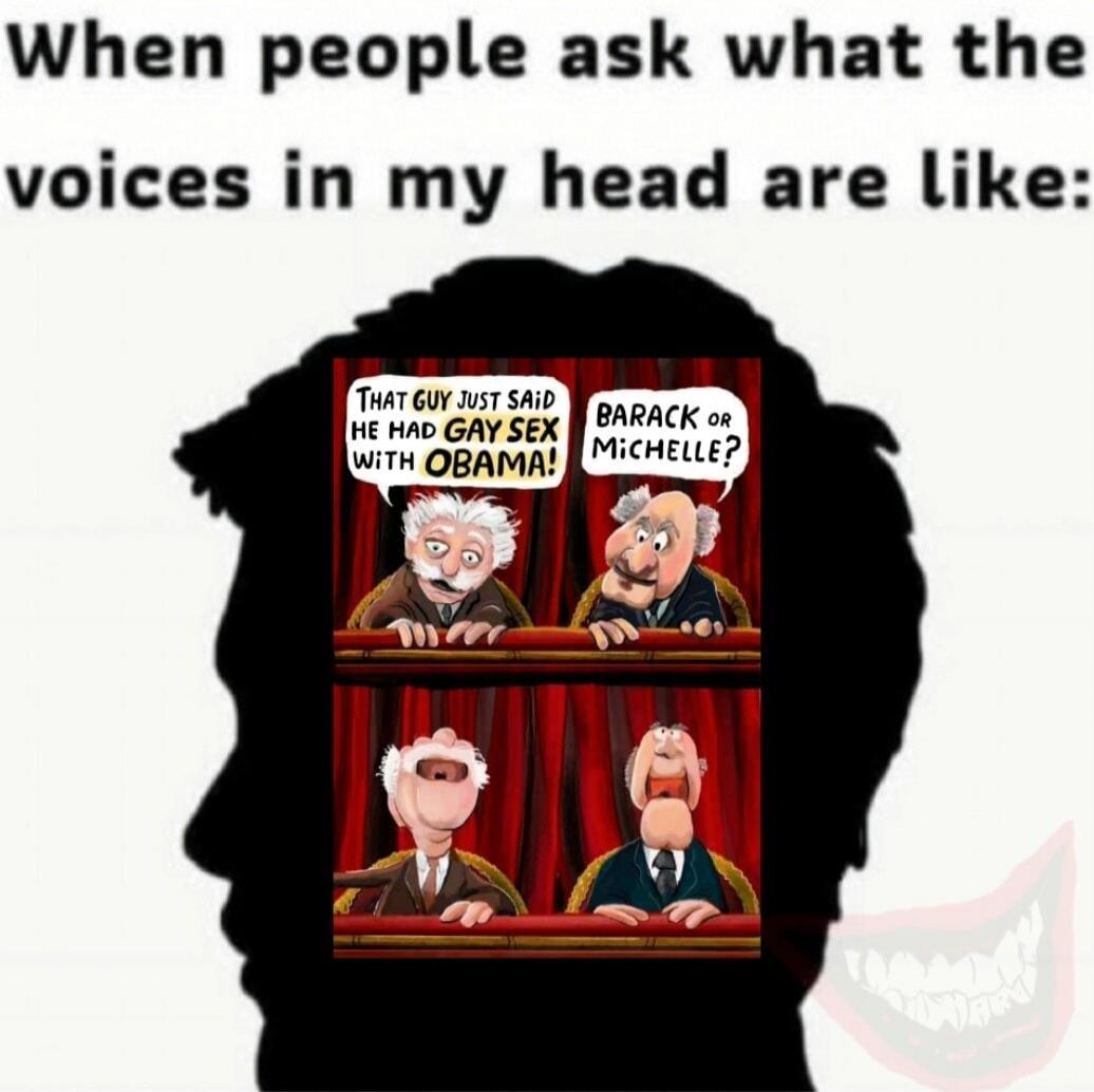 When people ask what the voices in my head are like: THAT GUY JUST SAID HE HAD GAY SEX WITH OBAMA! BARACK OR MICHELLE?