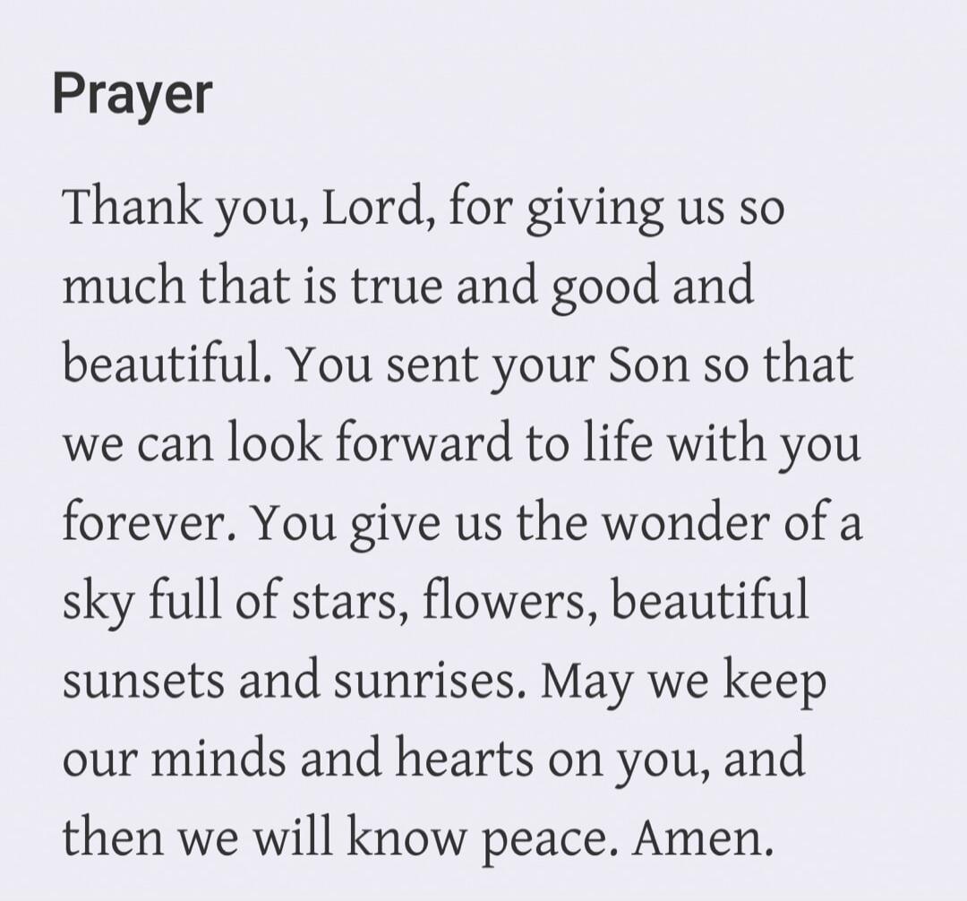Prayer Thank you, Lord, for giving us so much that is true and good and beautiful. You sent your Son so that we can look forward to life with you forever. You give us the wonder of a sky full of stars, flowers, beautiful sunsets and sunrises. May we keep our minds and hearts on you, and then we will know peace. Amen.