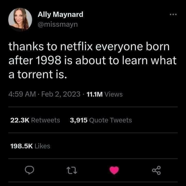 WM EET missmayn thanks to netflix everyone born after 1998 is about to learn what ERCI I EN 459 AM Feb 2 2023 111M Views 223K Retweets 3915 Quote Tv 1985K Likes e u