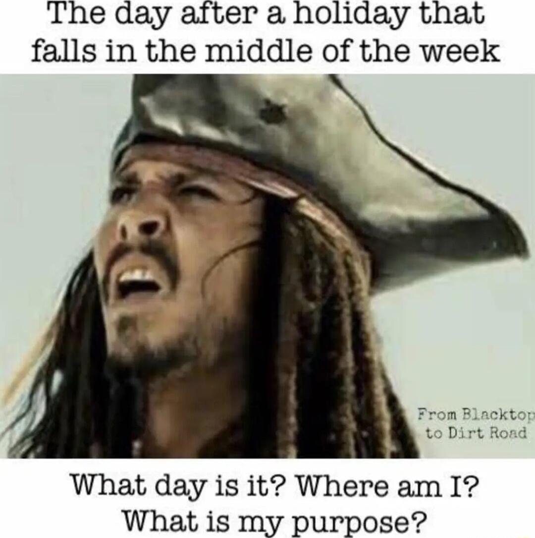 The day atter a holiday that falls in the middle of the week What day is it Where am 1 What is my purpose