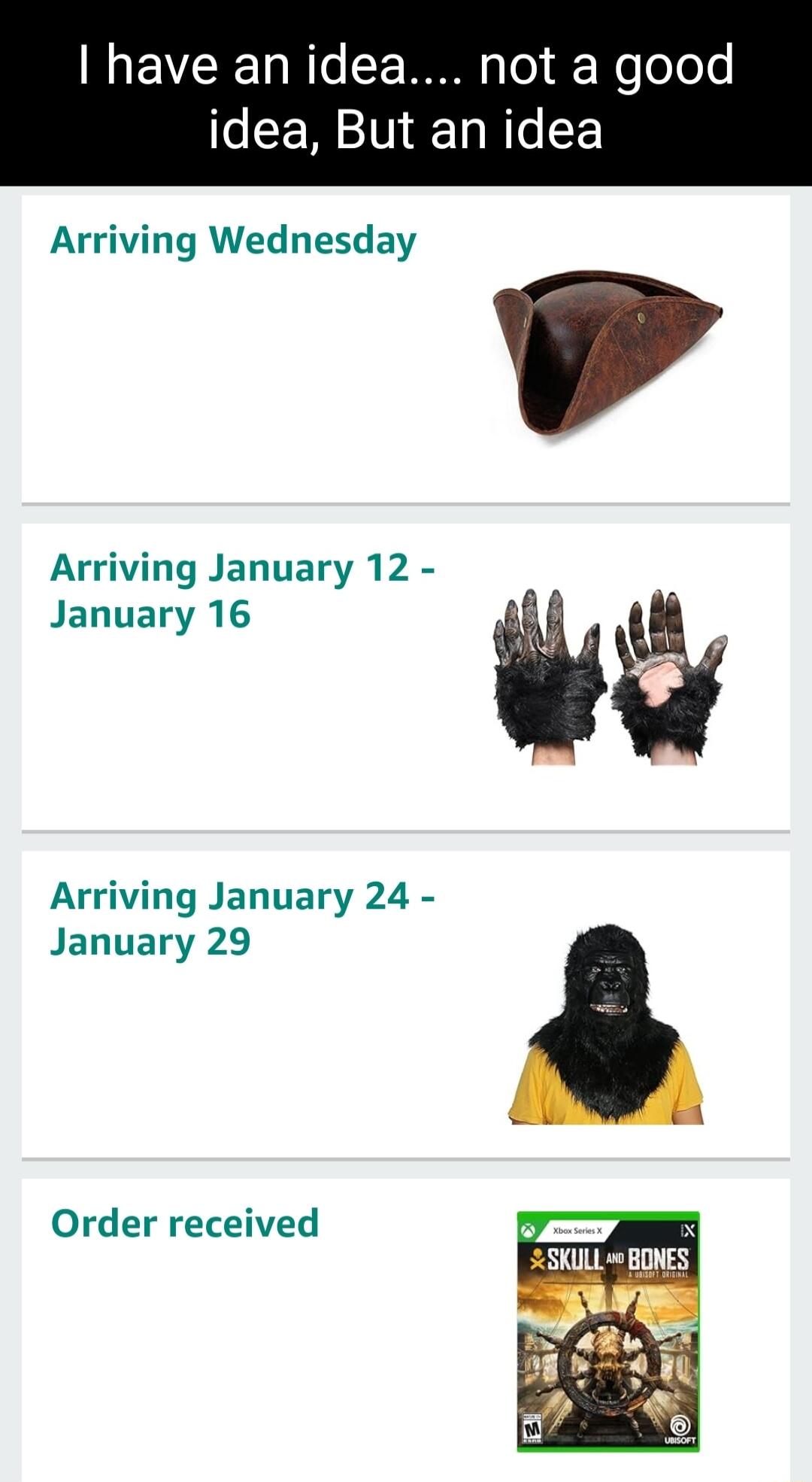 have an idea not a good idea But an idea Arriving Wednesday Arriving January 12 January 16 Arriving January 24 January 29 Order received oy x SR 13