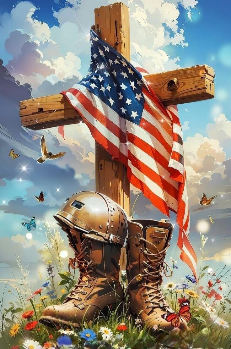 A memorial scene with a wooden cross wrapped in the American flag, combat boots and a helmet at the base, surrounded by flowers and butterflies under a bright sky.