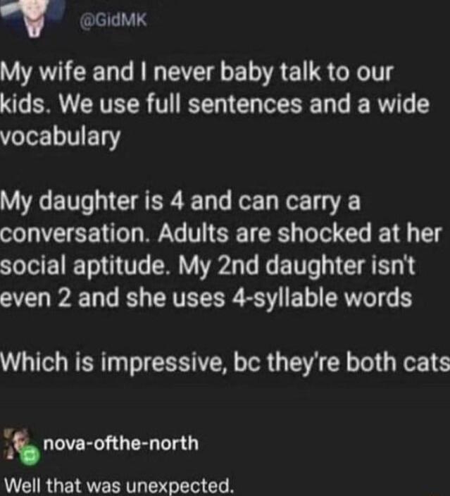 1 GIdMK VAR EEEL R E S G N1 B ERTECR NG R T R vocabulary My daughter is 4 and can carry a conversation Adults are shocked at her social aptitude My 2nd daughter isnt even 2 and she uses 4 syllable words WL NENT TR U SR T G RETE s nova ofthe north Well that was unexpected