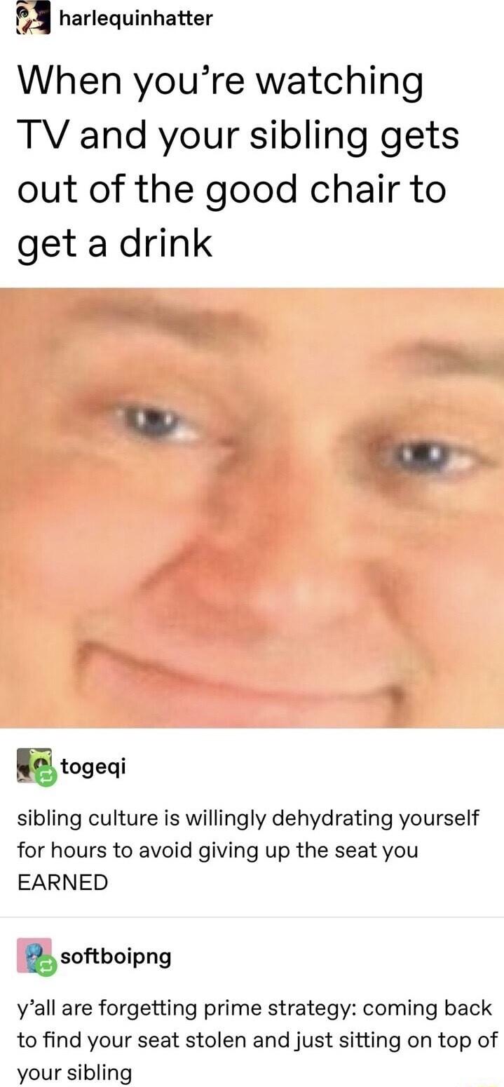 harlequinhatter When youre watching TV and your sibling gets out of the good chair to get a drink tcgeqi sibling culture is willingly dehydrating yourself for hours to avoid giving up the seat you EARNED bsoboipng yall are forgetting prime strategy coming back to find your seat stolen and just sitting on top of your sibling