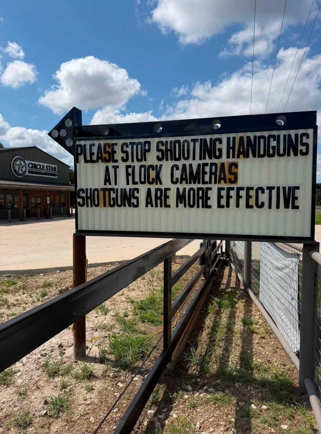 PLEASE STOP SHOOTING HANDGUNS AT FLOCK CAMERAS SHOTGUNS ARE MORE EFFECTIVE. Circle Star.