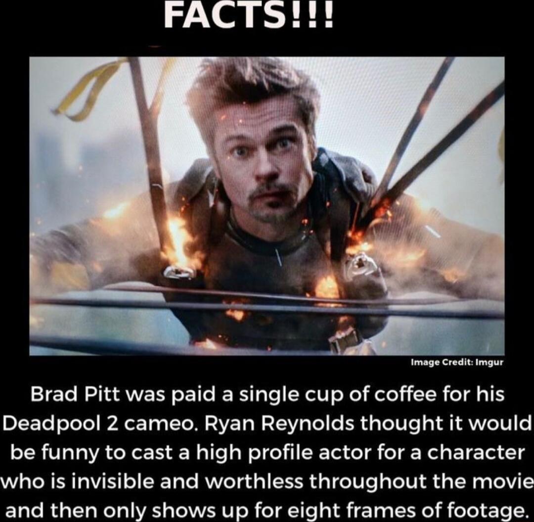 mege redtimaus Brad Pitt was paid a single cup of coffee for his Deadpool 2 cameo Ryan Reynolds thought it would be funny to cast a high profile actor for a character who is invisible and worthless throughout the movie and then only shows up for eight frames of footage