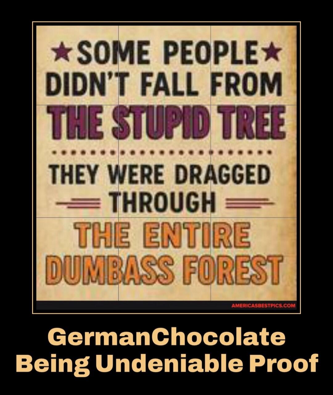 SOME PEOPLE DIDN'T FALL FROM THE STUPID TREE THEY WERE DRAGGED THROUGH THE ENTIRE DUMBASS FOREST. GermanChocolate Being Undeniable Proof.