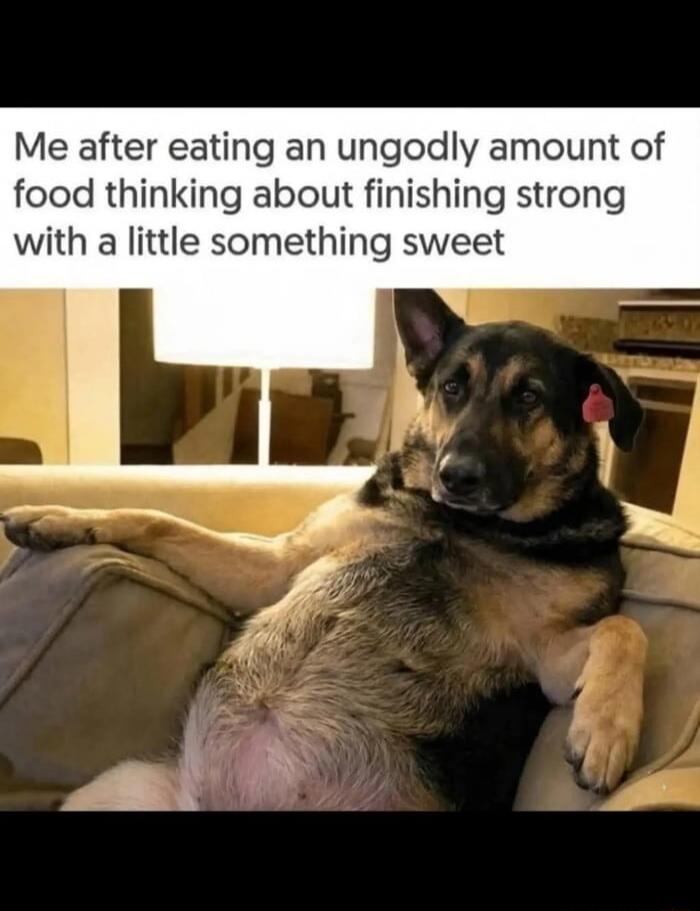 Me after eating an ungodly amount of food thinking about finishing strong with a little something sweet