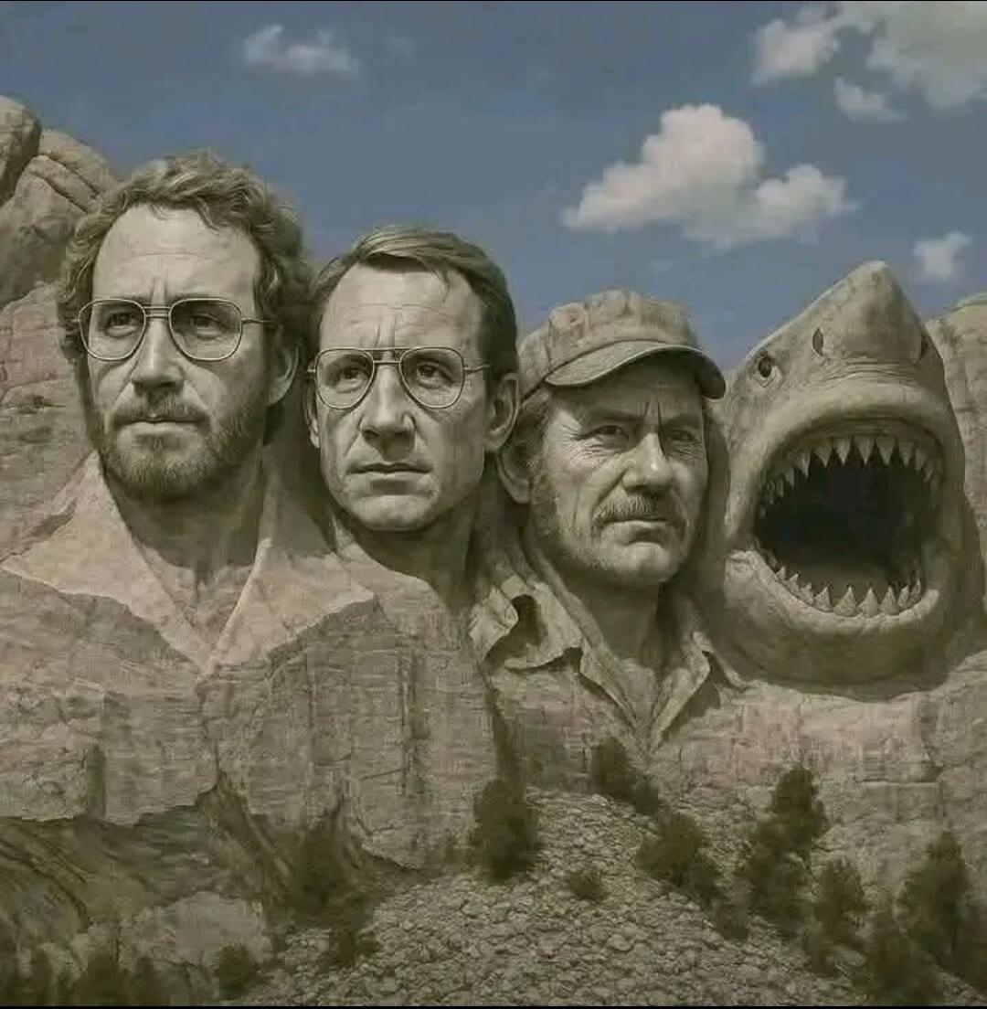 A Mount Rushmore parody featuring the main characters from the movie Jaws: Matt Hooper, Chief Brody, Quint, and the shark.