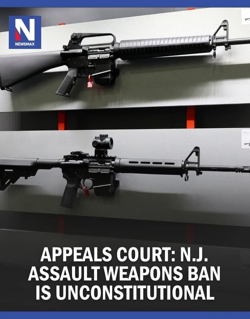 NEWSMAX. Appeals Court: N.J. Assault Weapons Ban Is Unconstitutional. The image displays two assault rifles on a wall.