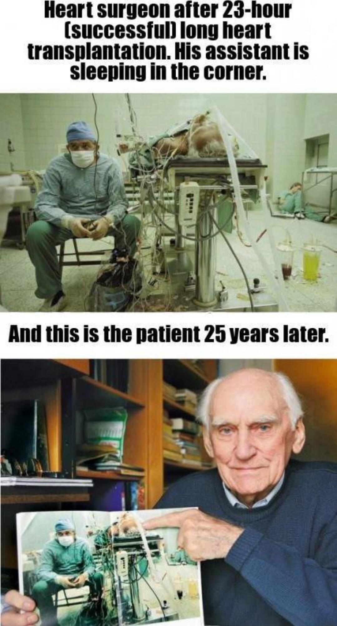 Heart surgeon after successfull long heart transplantation His assistant is sleeping in the corner