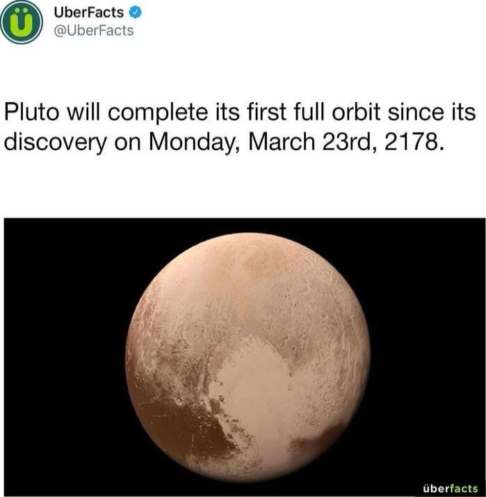 UberFacts Pluto will complete its first full orbit since its discovery on Monday March 23rd 2178