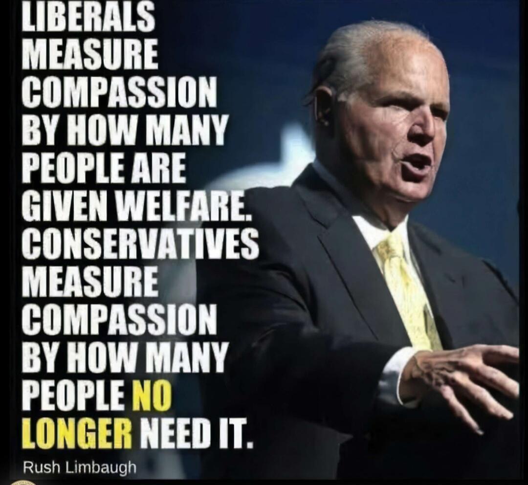 LIBERALS MEASURE COMPASSION BY HOW MANY PEOPLE ARE GIVEN WELFARE. CONSERVATIVES MEASURE COMPASSION BY HOW MANY PEOPLE NO LONGER NEED IT.
Rush Limbaugh