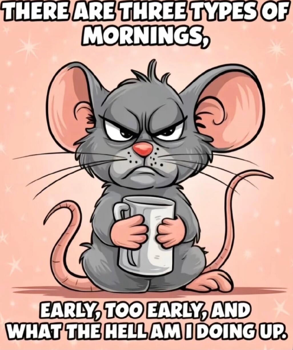 THERE ARE THREE TYPES OF MORNINGS, EARLY, TOO EARLY, AND WHAT THE HELL AM I DOING UP.