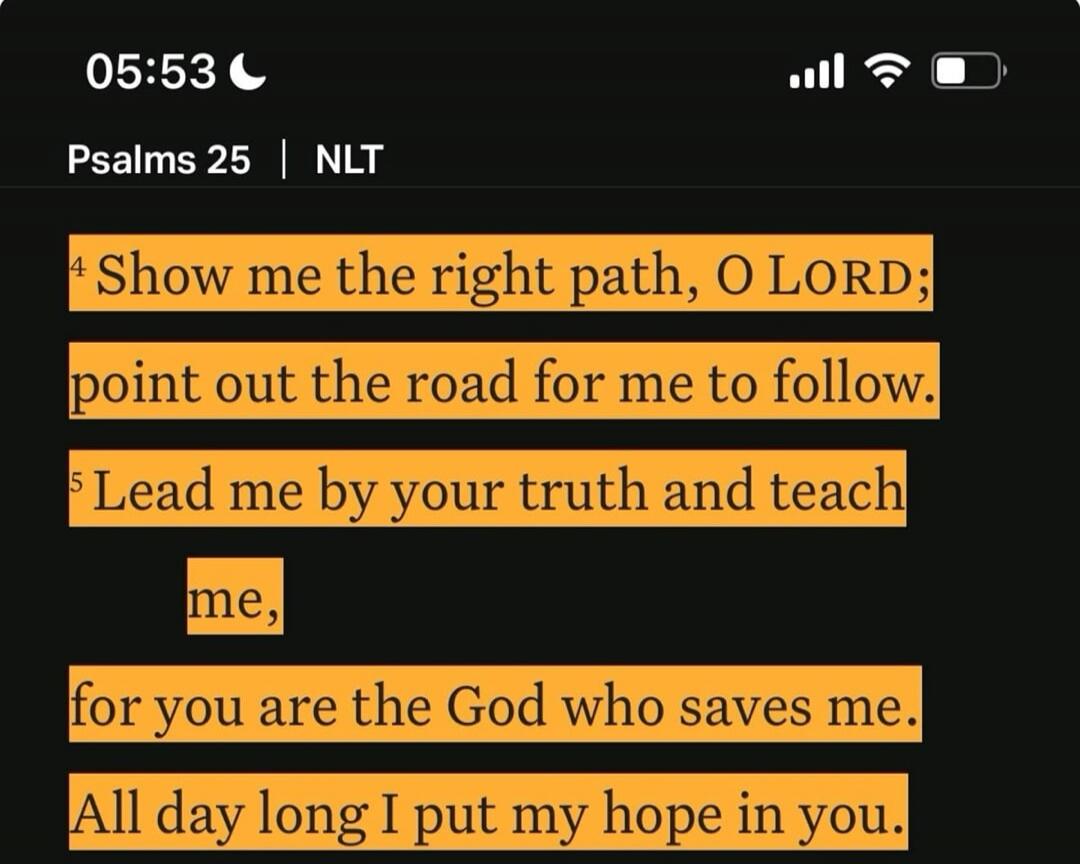 05:53 Psalms 25 | NLT ⁴ Show me the right path, O LORD; point out the road for me to follow. ⁵ Lead me by your truth and teach me, for you are the God who saves me. All day long I put my hope in you.
