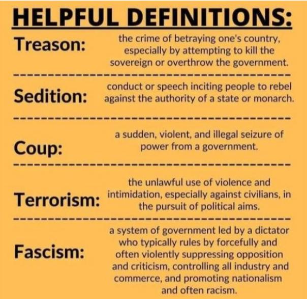 HELPFUL DEFINITIONS the crime of betraying ones country Treason especially by attempting to kill the sovereign o overthrow the government conduct or speech inciting people to rebel Sedition aginst the authority of a state or monarch a sudden violent and illegal seizure of Coup power from a government the unlawful use of violence and intimidation especially against civilians in Terrorism 20 of piti