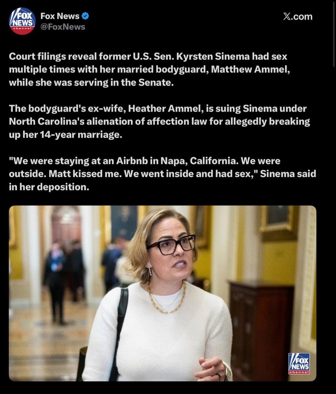 Court filings reveal former U.S. Sen. Kyrsten Sinema had sex multiple times with her married bodyguard, Matthew Ammel, while she was serving in the Senate. The bodyguard's ex-wife, Heather Ammel, is suing Sinema under North Carolina's alienation of affection law for allegedly breaking up her 14-year marriage. 