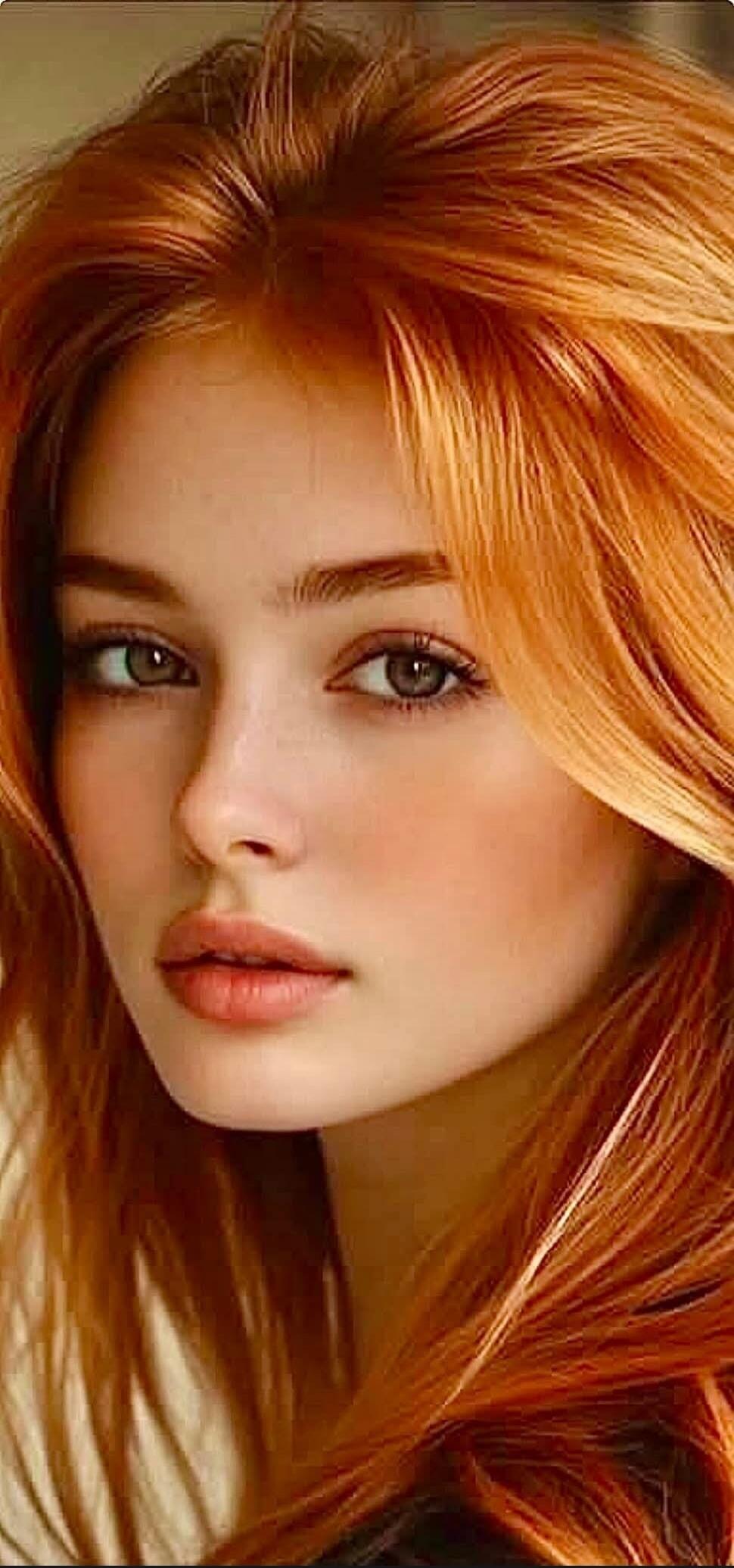 A close-up portrait of a young woman with vibrant red hair and striking green eyes. Her skin is fair with a subtle blush on her cheeks, and her lips are full and slightly parted. The lighting highlights the texture and color of her hair, which cascades around her face. The overall impression is one of natural beauty and allure.