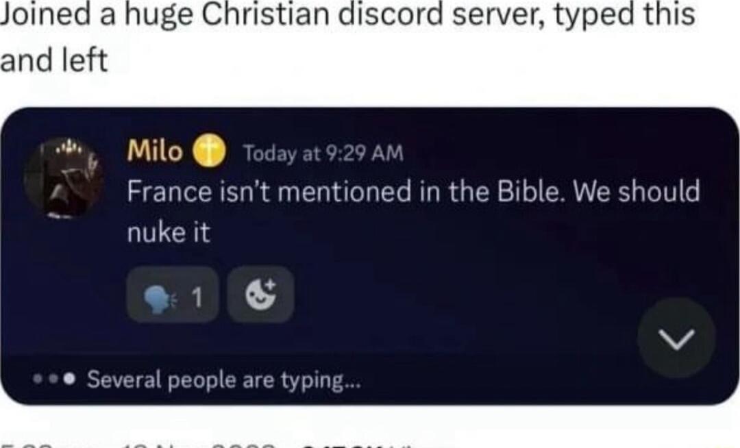 uge Christian discord server typed this Milo France isnt mentioned in the Bible We should nuke it