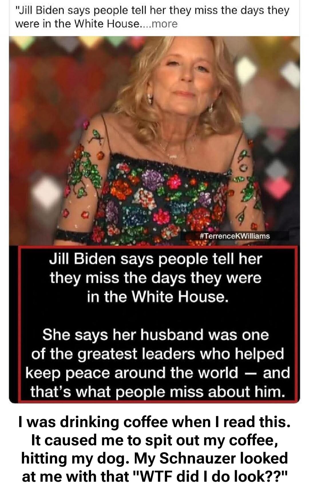 Jill Biden says people tell her they miss the days they were in the White House. She says her husband was one of the greatest leaders who helped keep peace around the world — and that's what people miss about him. I was drinking coffee when I read this. It caused me to spit out my coffee, hitting my dog. My Schnauzer looked at me with that 