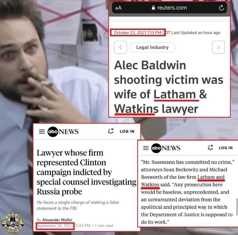 October 22 2021713 PM gPT Last Updated an hour ago reuterscom Legal Industry Alec Baldwin shooting victim was wife of Latham NEWs Lawyer whose firm represented Clinton campaign indicted by Russia probe statement to the FBI By Alexander Mallin special counsel investigating He faces a single charge of making a false Watkins lawyer L2 LGN NEWS Mr Sussmann has committed no crime attorneys Sean Berkowi