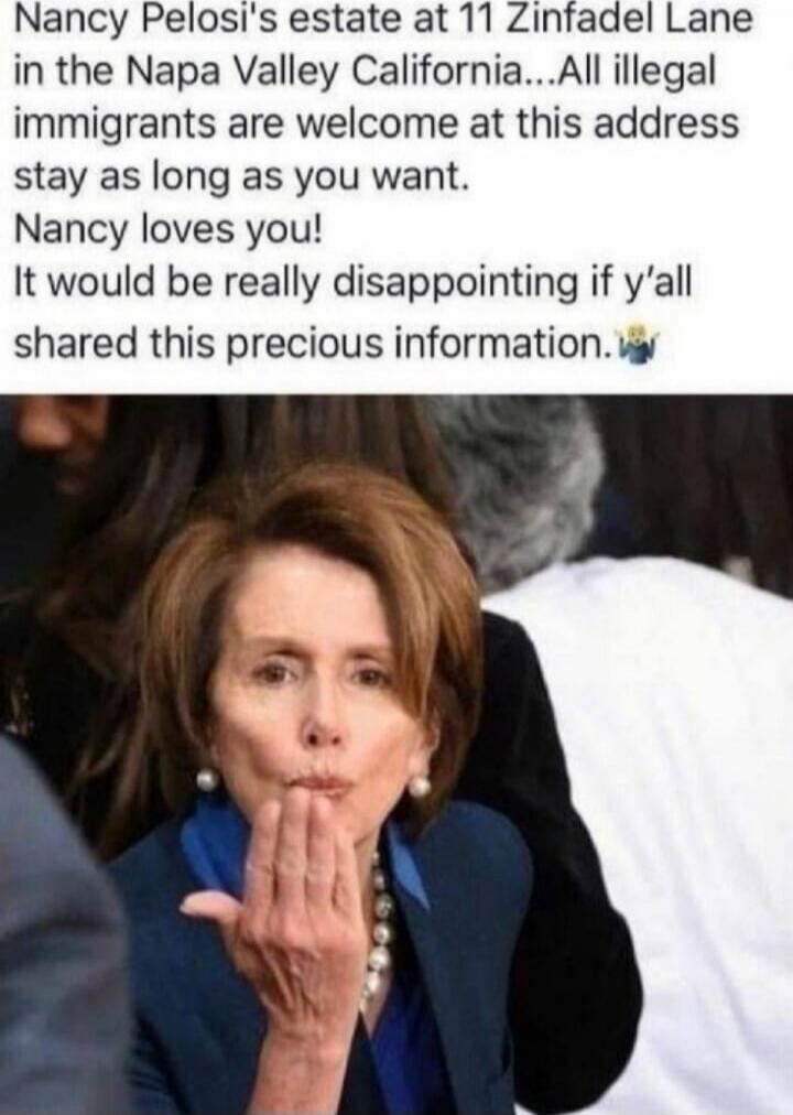 Nancy Pelosi's estate at 11 Zinfandel Lane in the Napa Valley California...All illegal immigrants are welcome at this address stay as long as you want. Nancy loves you! It would be really disappointing if y'all shared this precious information.