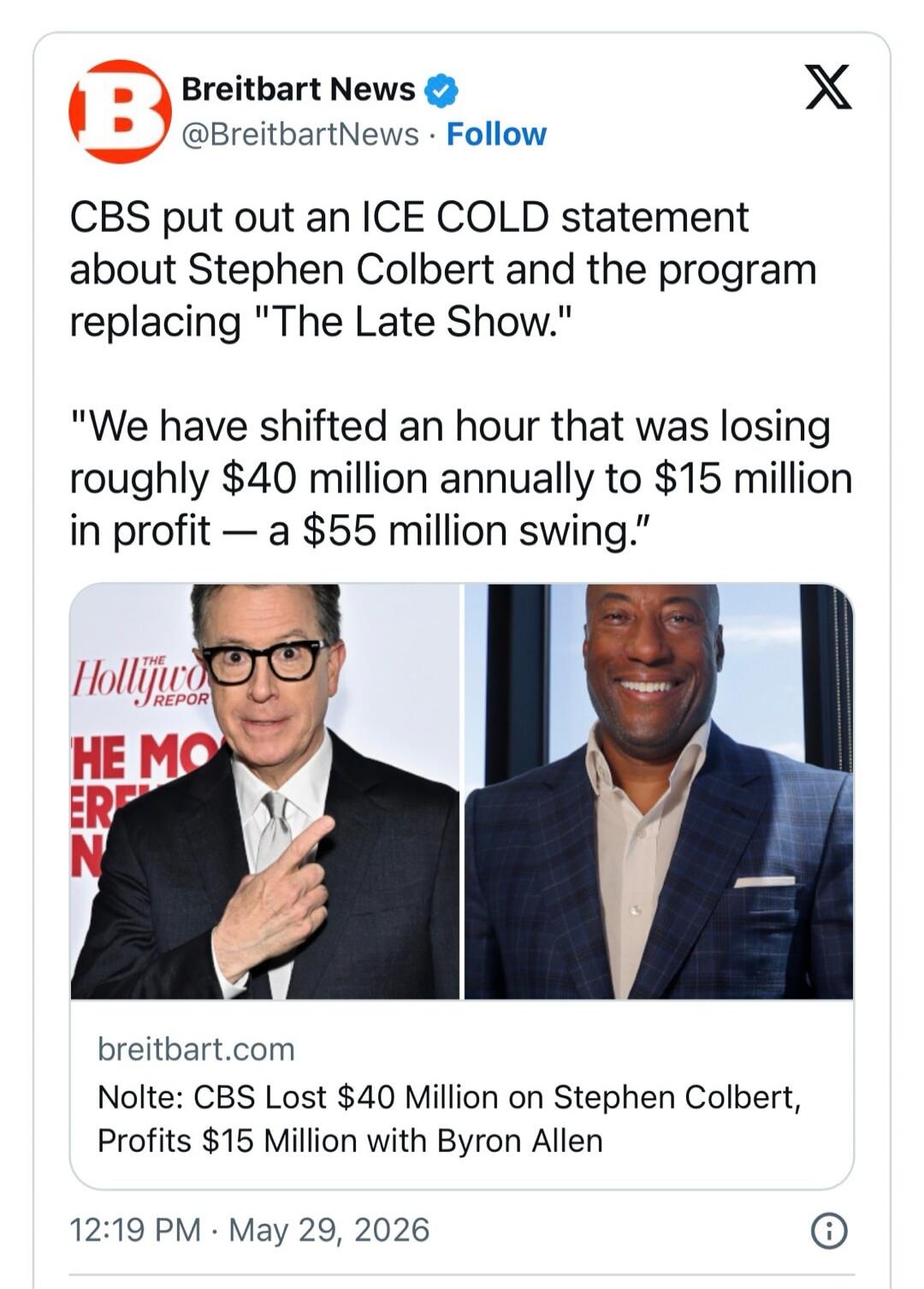 Breitbart News. CBS put out an ICE COLD statement about Stephen Colbert and the program replacing 
