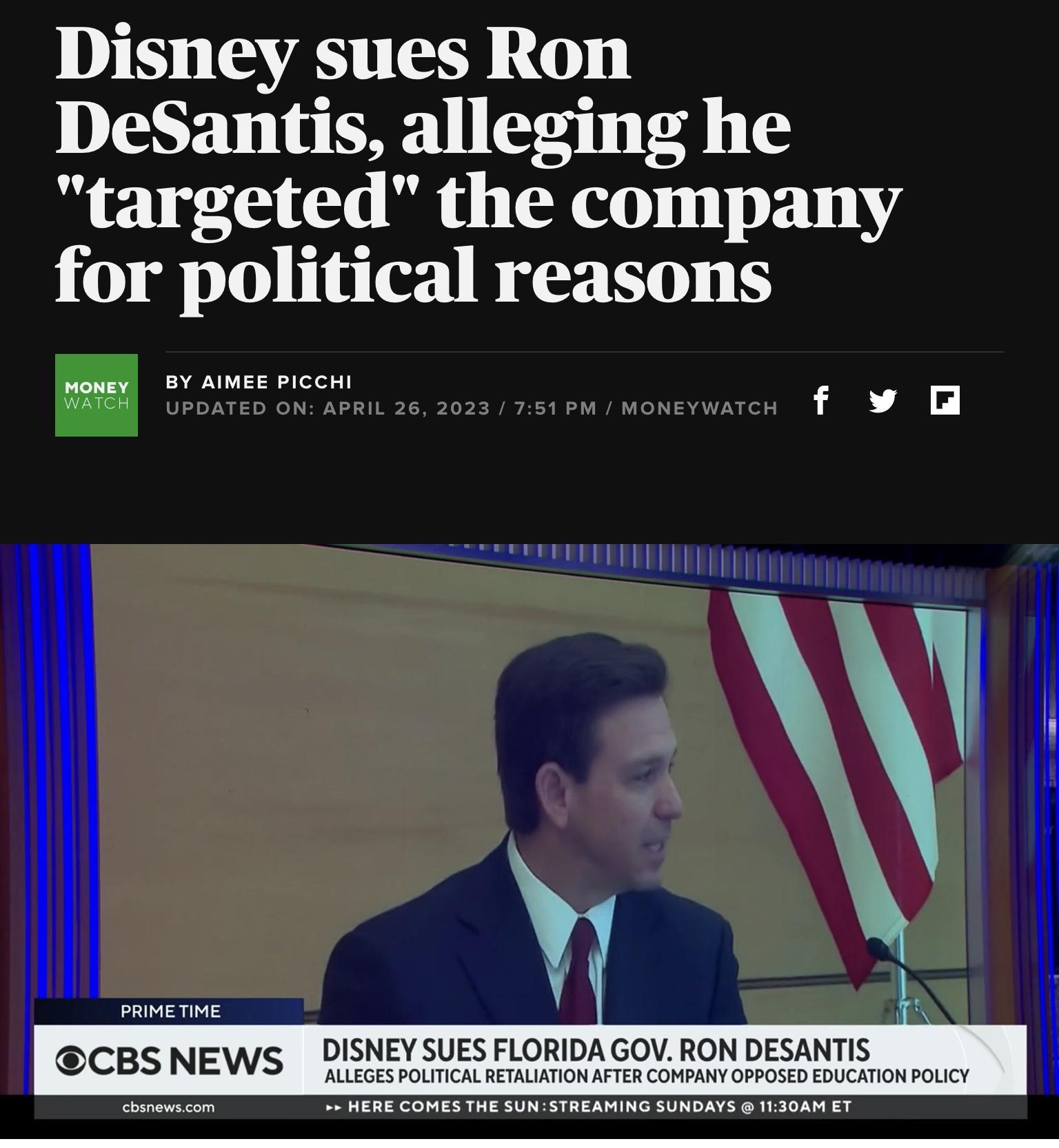 Disney sues Ron DeSantis alleging he targeted the company for political reasons et A CBSNEWS